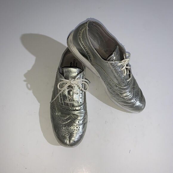 Cole Haan Shoes Womens Size 7 Silver Metallic Leather Oxford Grand OS Wingtip - Picture 1 of 9